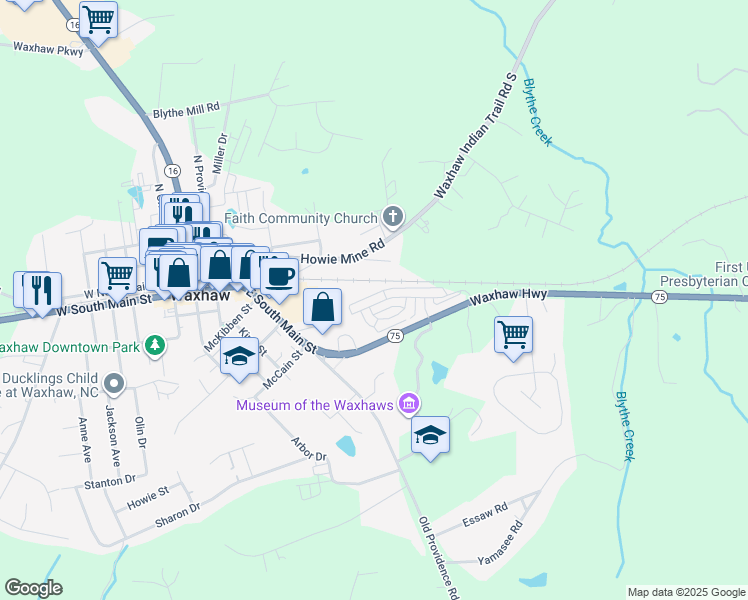 map of restaurants, bars, coffee shops, grocery stores, and more near 8640 Union Central Court in Waxhaw