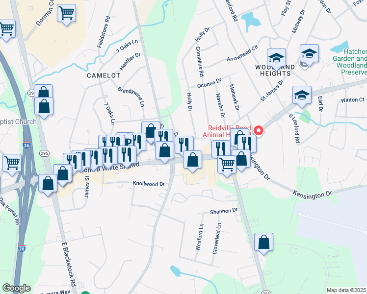 map of restaurants, bars, coffee shops, grocery stores, and more near 102 Delray Drive in Spartanburg
