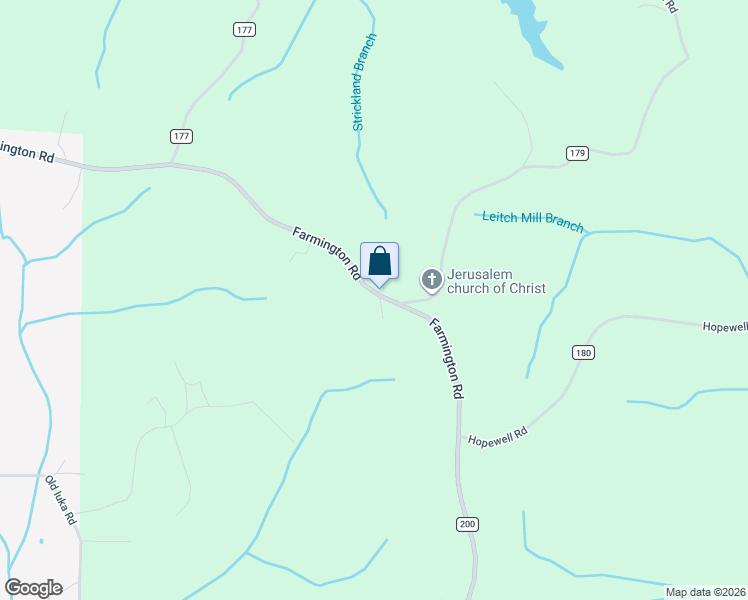 map of restaurants, bars, coffee shops, grocery stores, and more near Farmington Road in Corinth