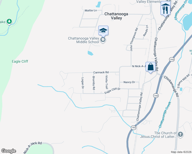 map of restaurants, bars, coffee shops, grocery stores, and more near 33 Brumby Road in Chattanooga Valley