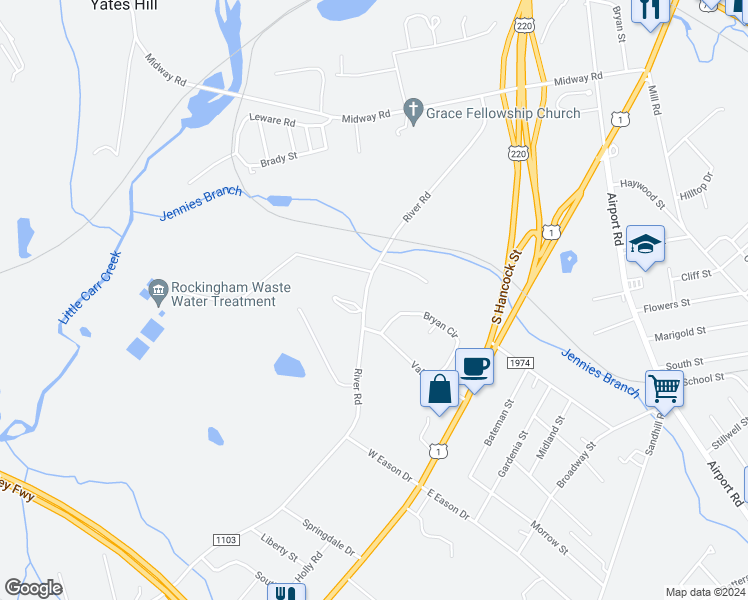 map of restaurants, bars, coffee shops, grocery stores, and more near 303 River Road in Rockingham
