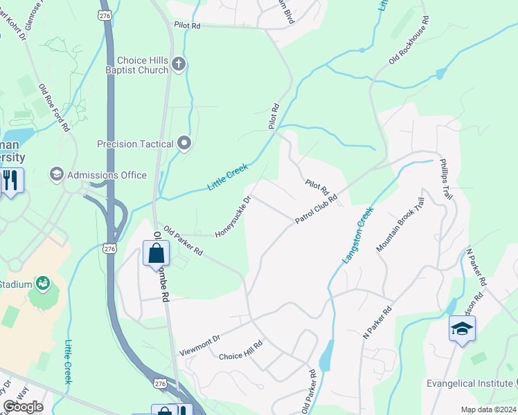 map of restaurants, bars, coffee shops, grocery stores, and more near 130 Honeysuckle Drive in Greenville