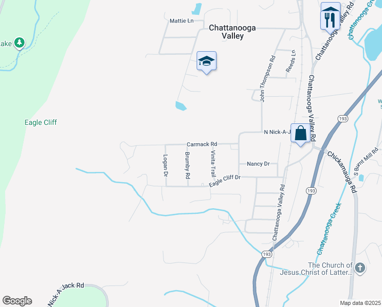 map of restaurants, bars, coffee shops, grocery stores, and more near 33 Brumby Road in Chattanooga Valley