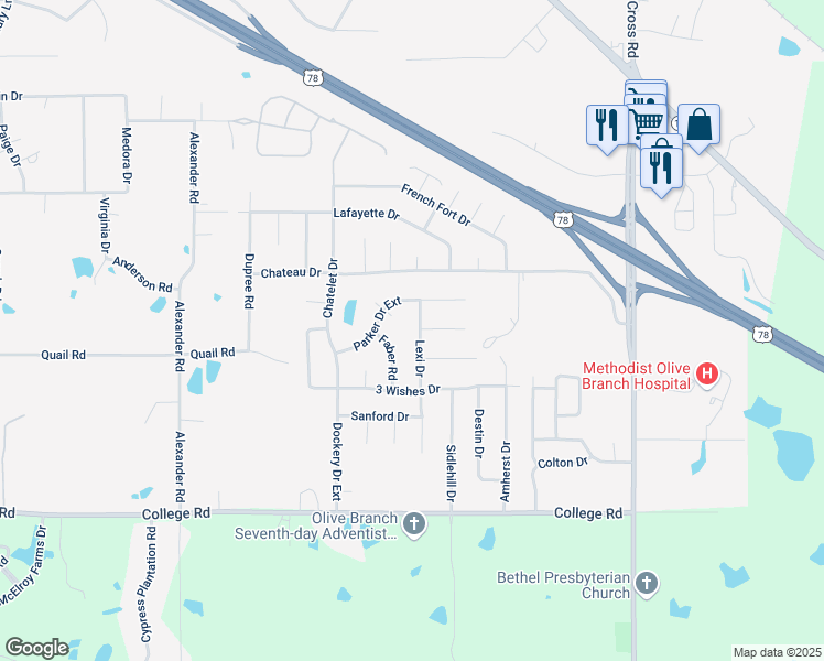 map of restaurants, bars, coffee shops, grocery stores, and more near 4331 Lexi Drive in Olive Branch