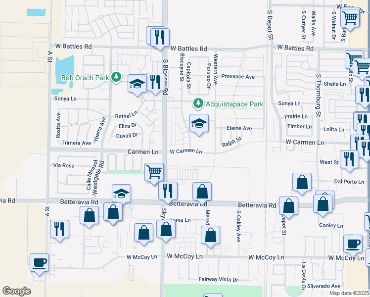 map of restaurants, bars, coffee shops, grocery stores, and more near 1118 Fox Field Lane in Santa Maria