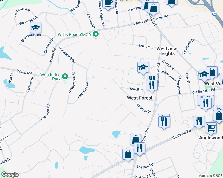map of restaurants, bars, coffee shops, grocery stores, and more near 136 West Forest Drive in Spartanburg