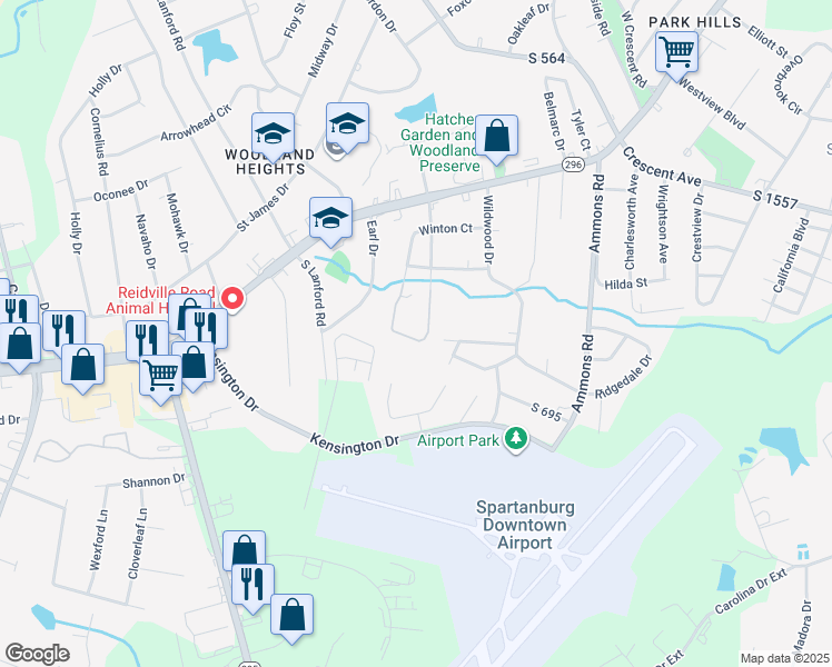 map of restaurants, bars, coffee shops, grocery stores, and more near 8 South Pine Lake Drive in Spartanburg