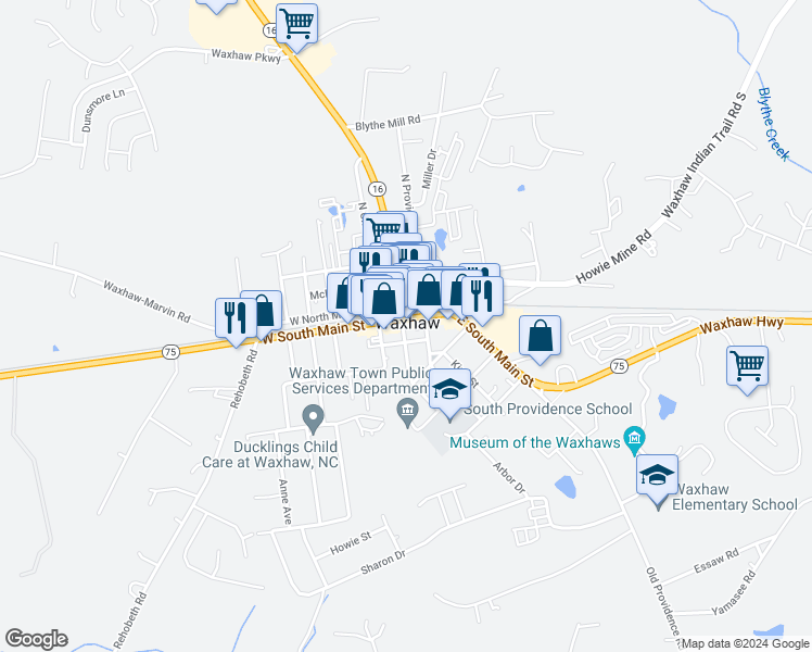 map of restaurants, bars, coffee shops, grocery stores, and more near 100 East South Main Street in Waxhaw