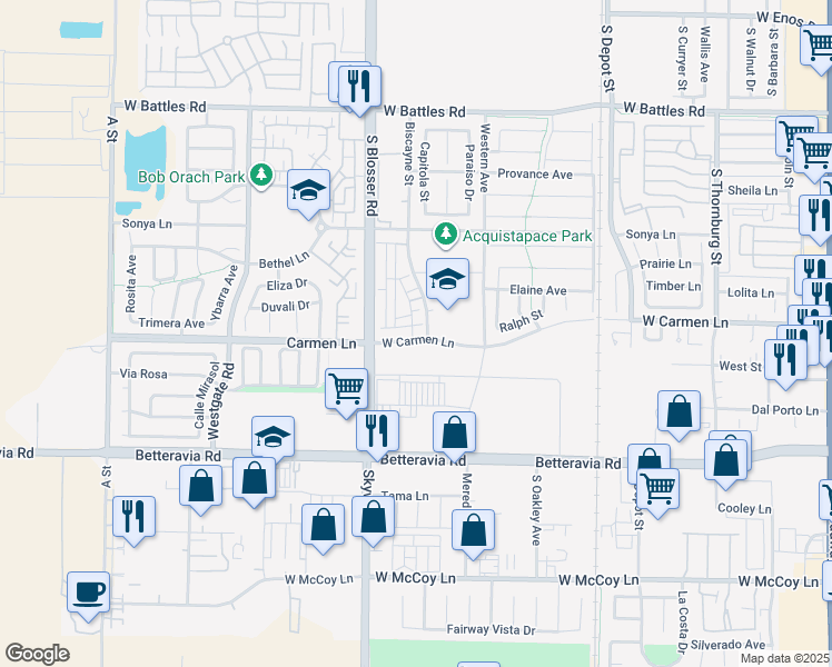 map of restaurants, bars, coffee shops, grocery stores, and more near 1118 Fox Field Lane in Santa Maria