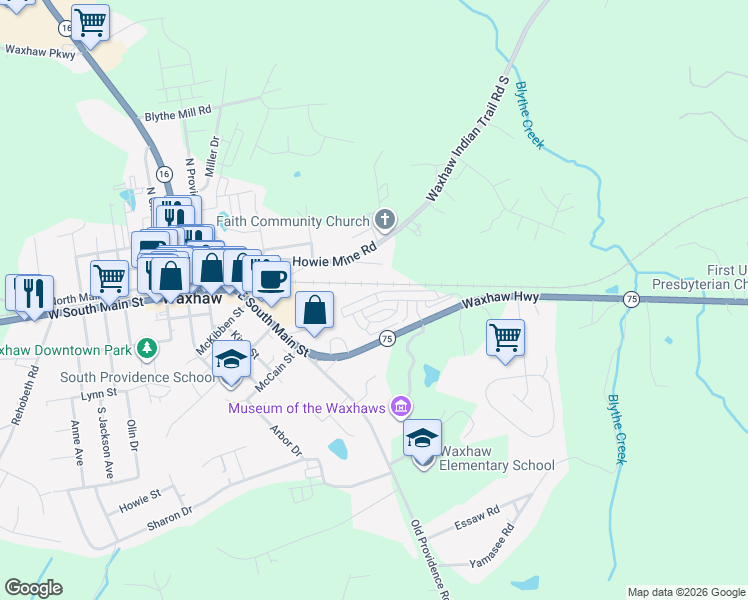 map of restaurants, bars, coffee shops, grocery stores, and more near 8640 Union Central Court in Waxhaw