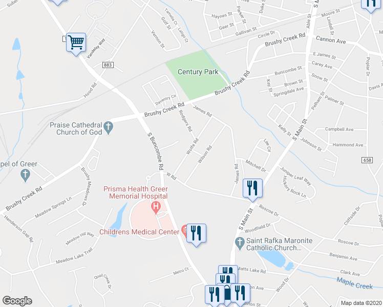 map of restaurants, bars, coffee shops, grocery stores, and more near 201 Wolfe Road in Greer