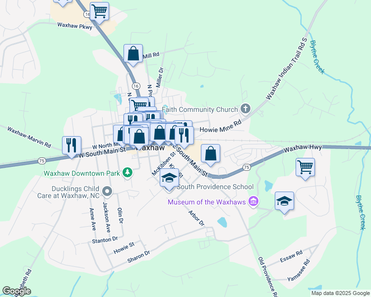 map of restaurants, bars, coffee shops, grocery stores, and more near 403 East South Main Street in Waxhaw