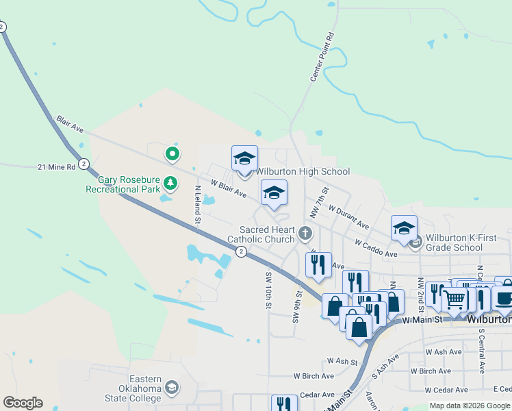 map of restaurants, bars, coffee shops, grocery stores, and more near 169 Sunset Street in Wilburton