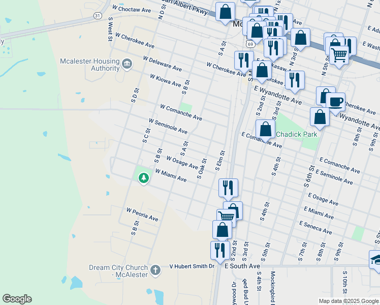 map of restaurants, bars, coffee shops, grocery stores, and more near 62 West Ottawa Avenue in McAlester