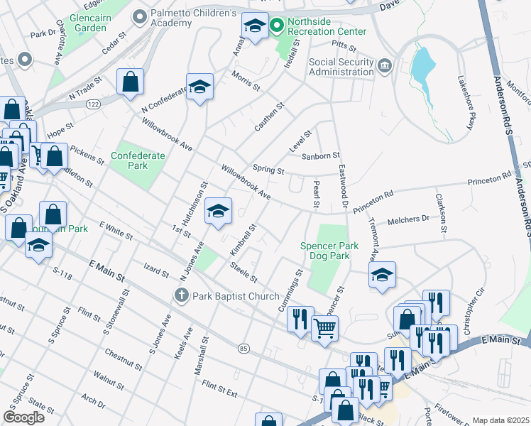 map of restaurants, bars, coffee shops, grocery stores, and more near 482 Kimbrell Street in Rock Hill