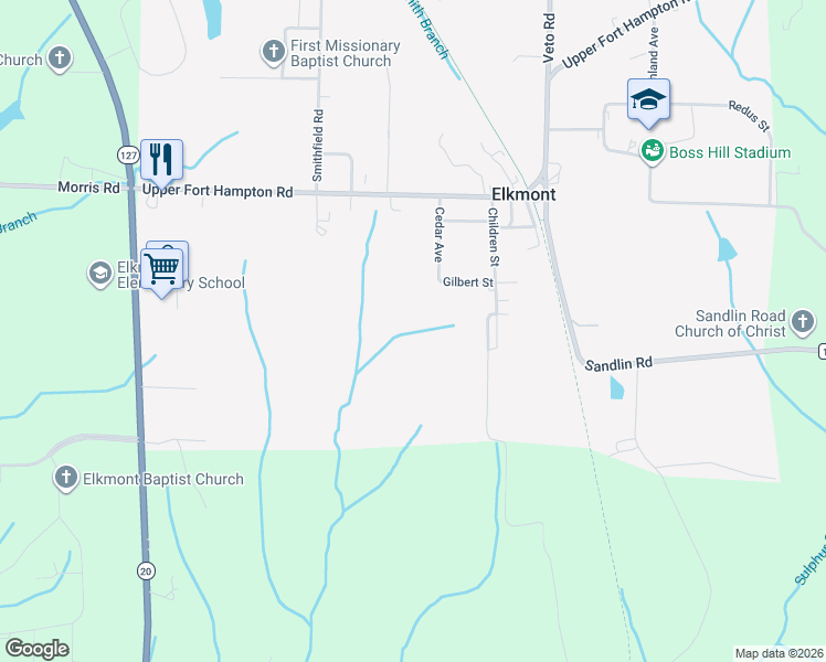 map of restaurants, bars, coffee shops, grocery stores, and more near 25311 Cedar Avenue in Elkmont