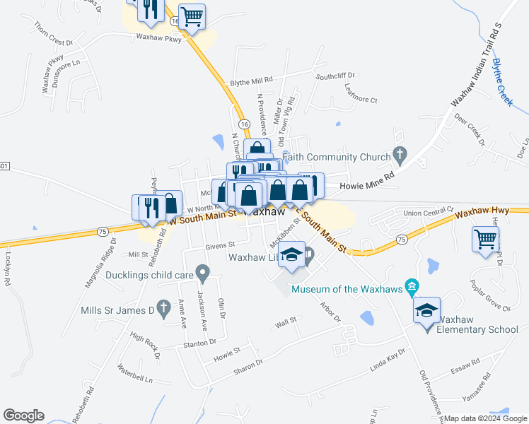 map of restaurants, bars, coffee shops, grocery stores, and more near 102 East South Main Street in Waxhaw