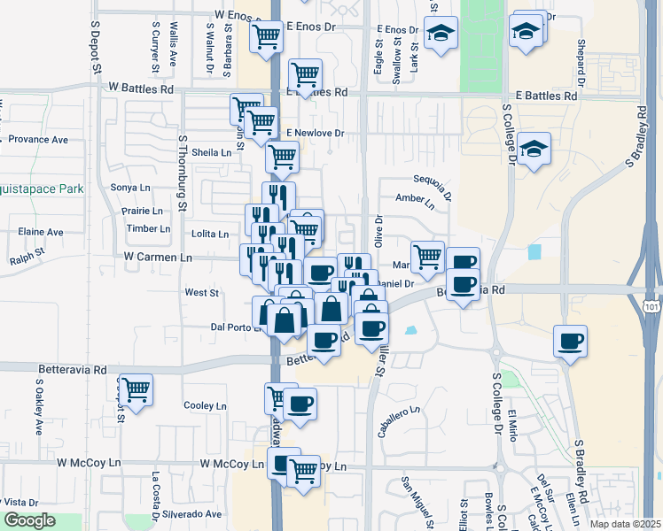 map of restaurants, bars, coffee shops, grocery stores, and more near 1960 McClelland Street in Santa Maria