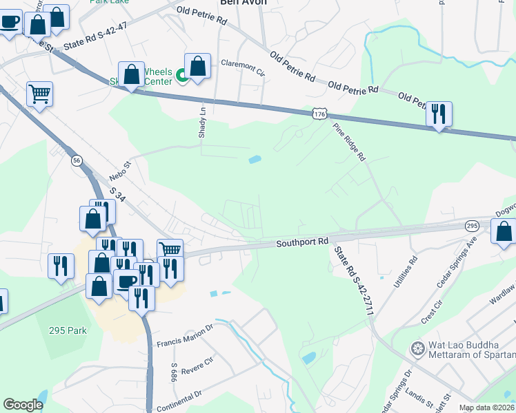 map of restaurants, bars, coffee shops, grocery stores, and more near State Road S-43-9971 in Spartanburg