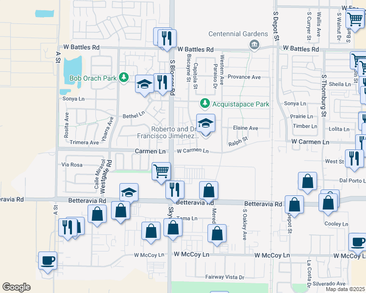 map of restaurants, bars, coffee shops, grocery stores, and more near 1148 Fox Field Lane in Santa Maria