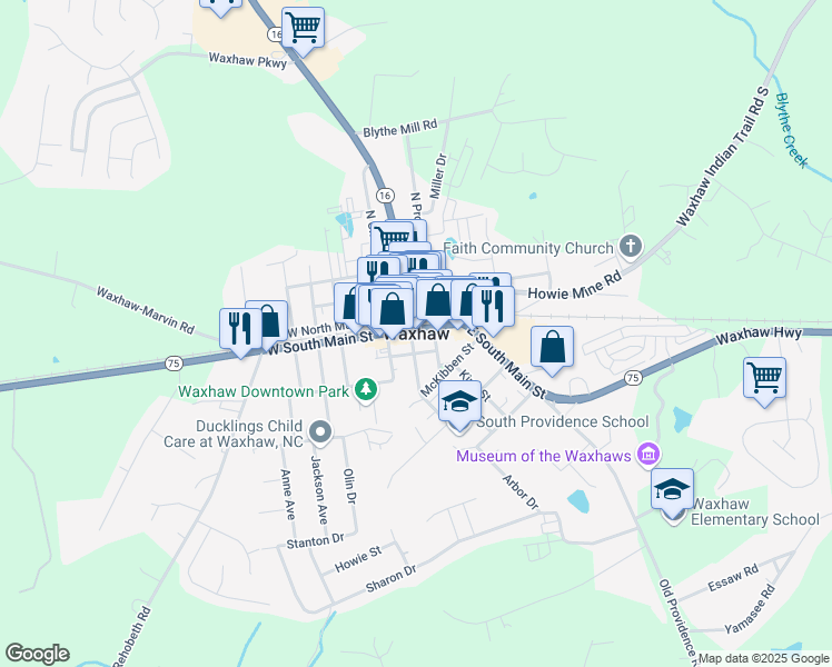 map of restaurants, bars, coffee shops, grocery stores, and more near in Waxhaw