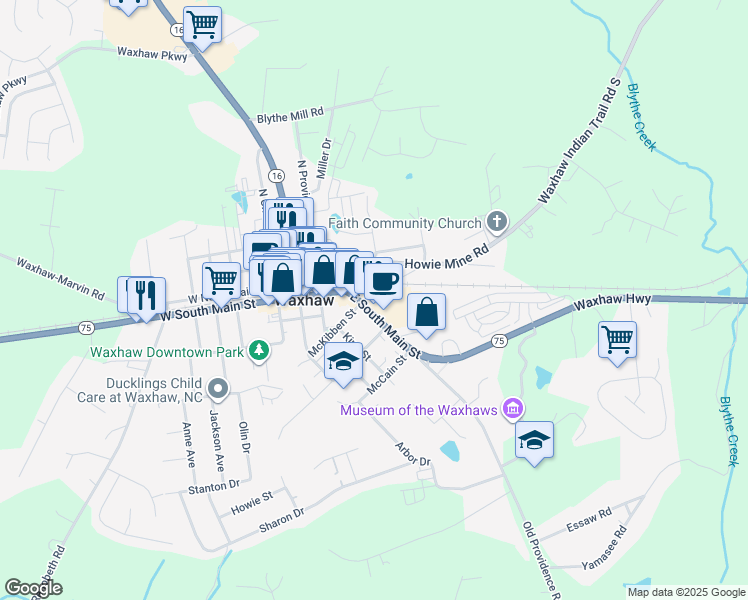 map of restaurants, bars, coffee shops, grocery stores, and more near 401a East South Main Street in Waxhaw