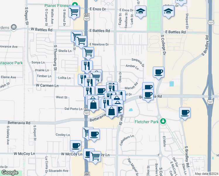 map of restaurants, bars, coffee shops, grocery stores, and more near 1961 Celebration Avenue in Santa Maria