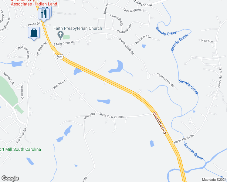 map of restaurants, bars, coffee shops, grocery stores, and more near 7181 Charlotte Highway in Lancaster