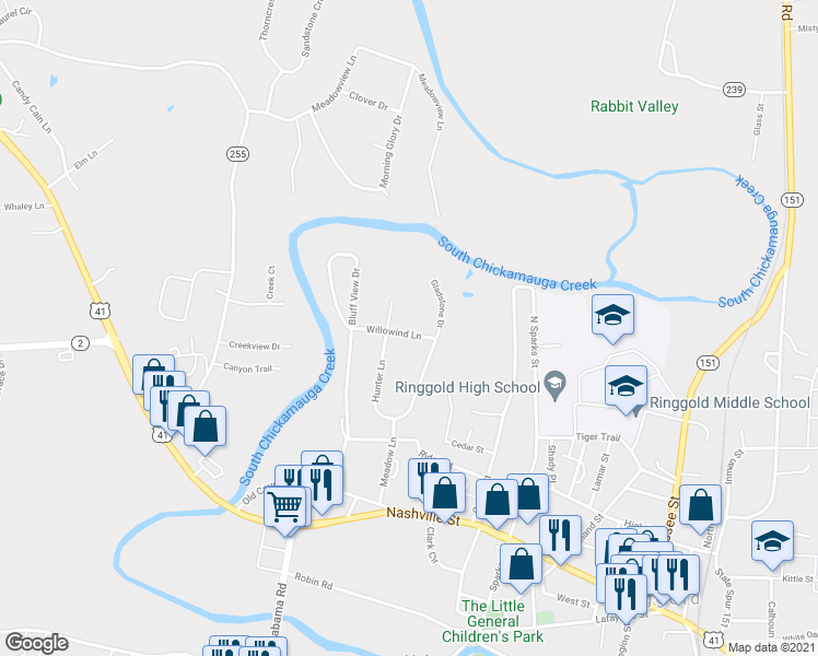 map of restaurants, bars, coffee shops, grocery stores, and more near 117 Willowind Lane in Ringgold