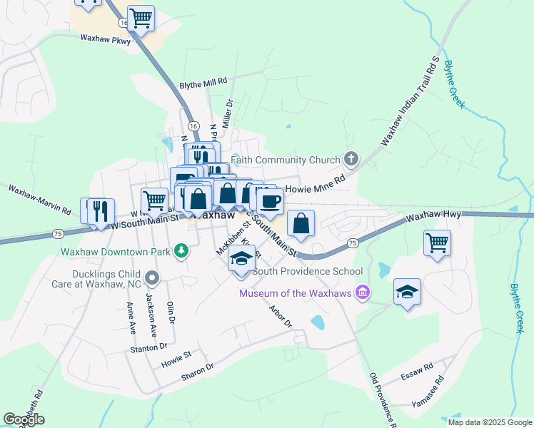 map of restaurants, bars, coffee shops, grocery stores, and more near 403 East South Main Street in Waxhaw