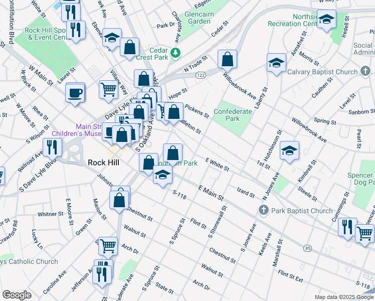 map of restaurants, bars, coffee shops, grocery stores, and more near 332 East White Street in Rock Hill