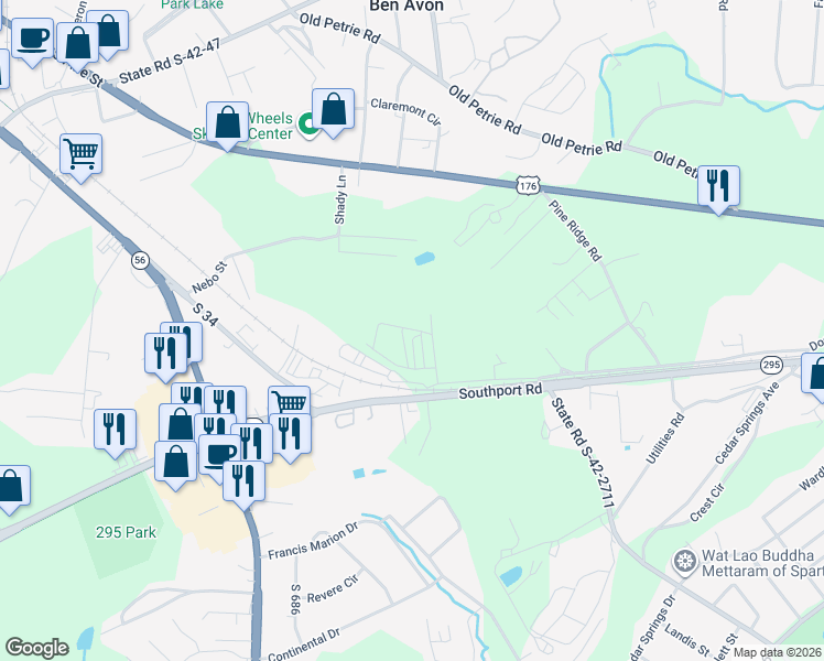 map of restaurants, bars, coffee shops, grocery stores, and more near State Road S-43-9971 in Spartanburg