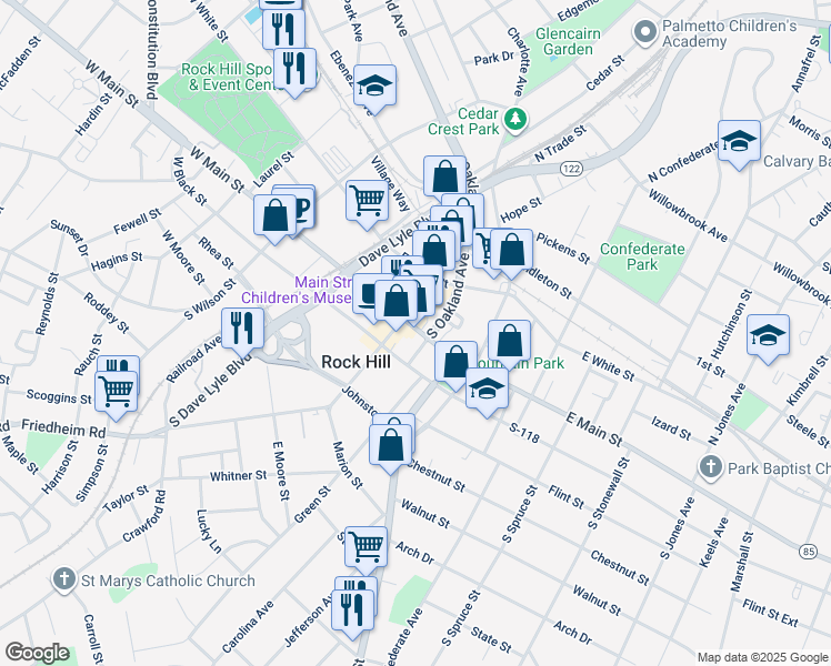 map of restaurants, bars, coffee shops, grocery stores, and more near in Rock Hill