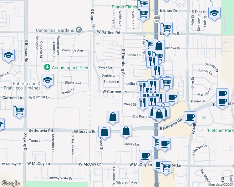 map of restaurants, bars, coffee shops, grocery stores, and more near 416 Carmen Lane in Santa Maria
