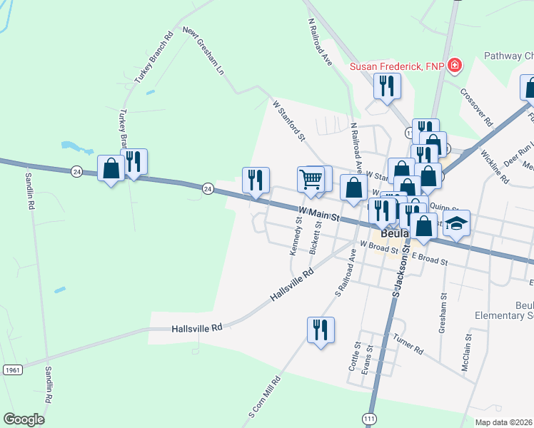 map of restaurants, bars, coffee shops, grocery stores, and more near 142 Johnson Street in Beulaville