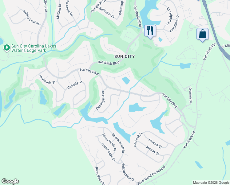 map of restaurants, bars, coffee shops, grocery stores, and more near 52430 Winchester Street in Indian Land