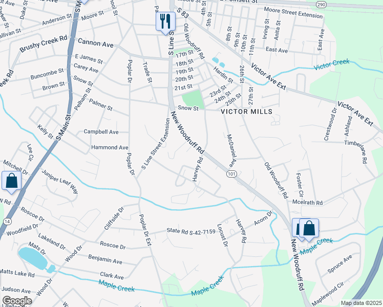 map of restaurants, bars, coffee shops, grocery stores, and more near 134 New Woodruff Road in Greer