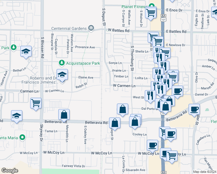 map of restaurants, bars, coffee shops, grocery stores, and more near 603 Vista Circle in Santa Maria
