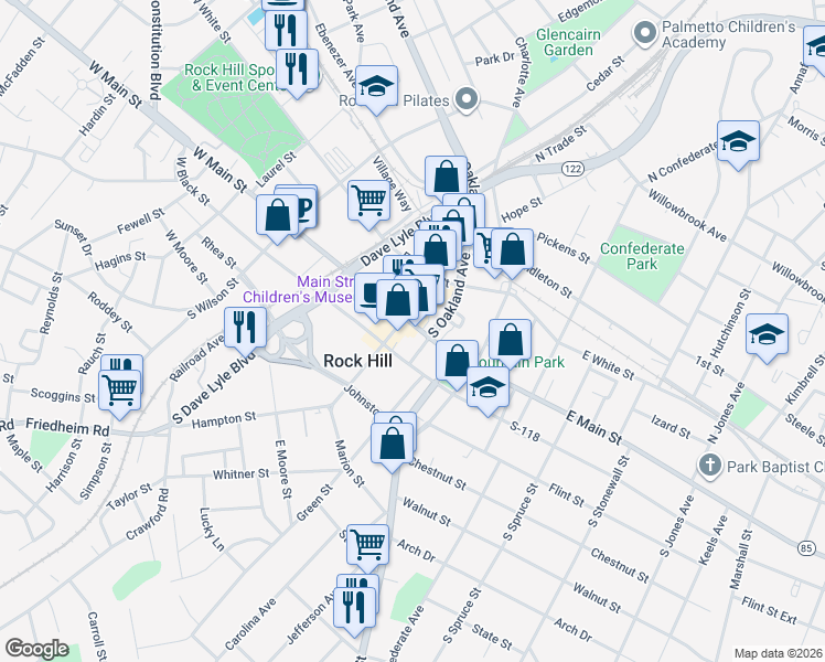 map of restaurants, bars, coffee shops, grocery stores, and more near in Rock Hill