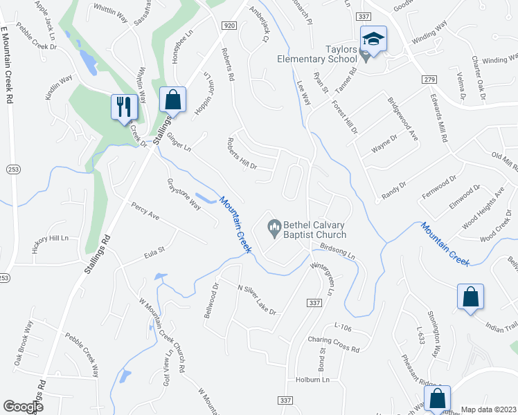 map of restaurants, bars, coffee shops, grocery stores, and more near 135 Robin Hood Road in Taylors