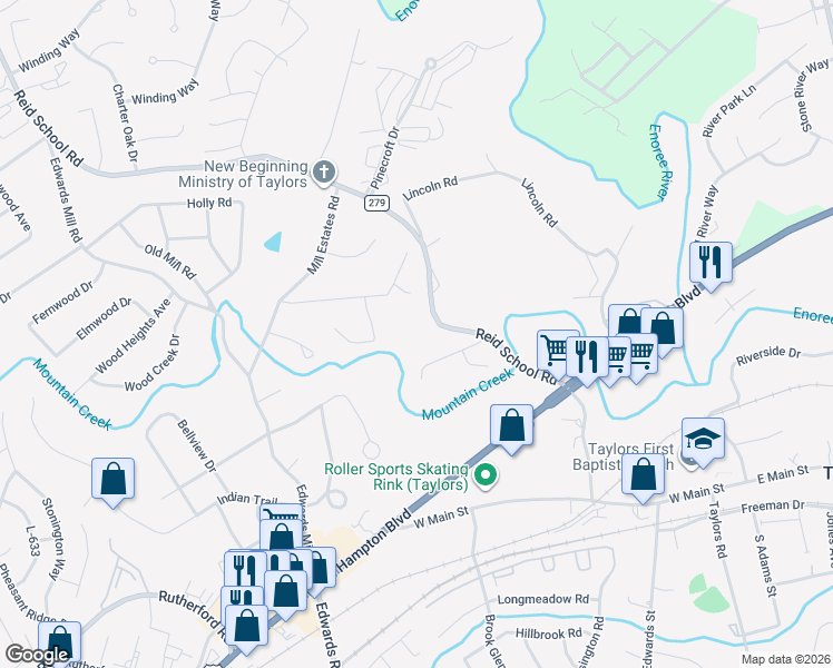 map of restaurants, bars, coffee shops, grocery stores, and more near 201 Reid School Road in Taylors