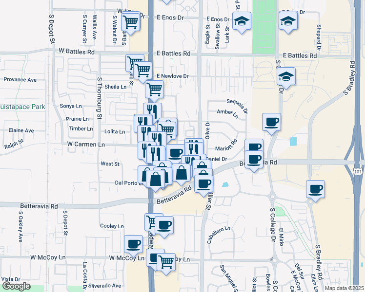 map of restaurants, bars, coffee shops, grocery stores, and more near 1960 McClelland Street in Santa Maria