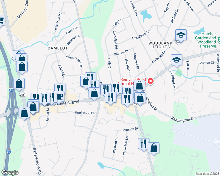 map of restaurants, bars, coffee shops, grocery stores, and more near 102 Delray Drive in Spartanburg
