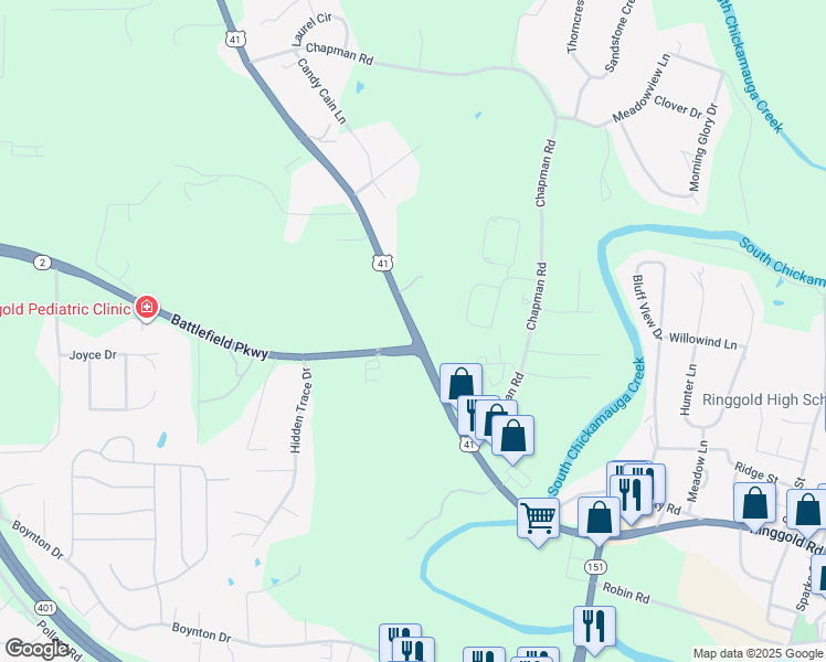 map of restaurants, bars, coffee shops, grocery stores, and more near 7993 Battlefield Parkway in Ringgold