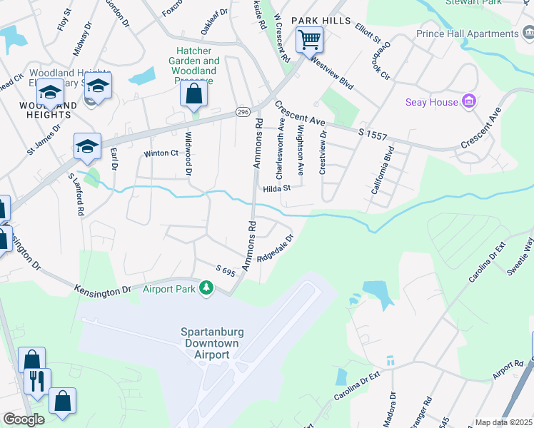 map of restaurants, bars, coffee shops, grocery stores, and more near 705 Ridgedale Drive in Spartanburg