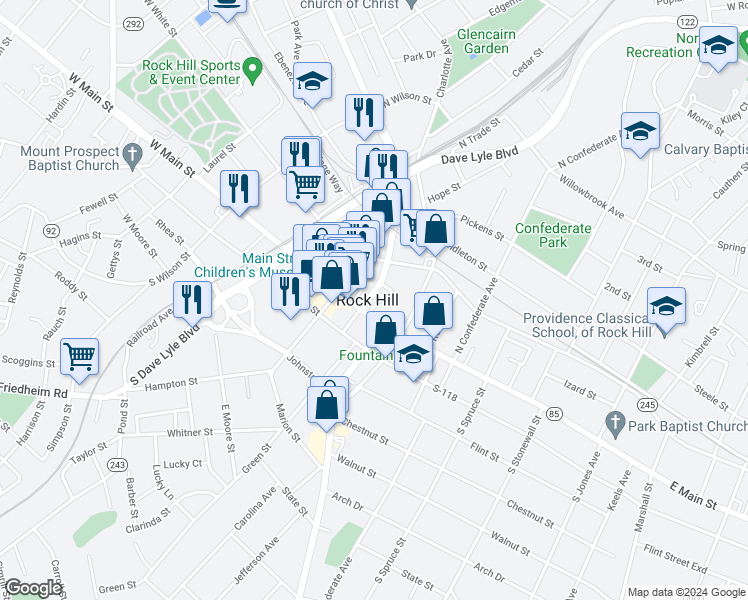 map of restaurants, bars, coffee shops, grocery stores, and more near 341 Oakland Avenue in Rock Hill