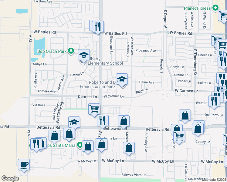 map of restaurants, bars, coffee shops, grocery stores, and more near 1106 Fox Field Lane in Santa Maria