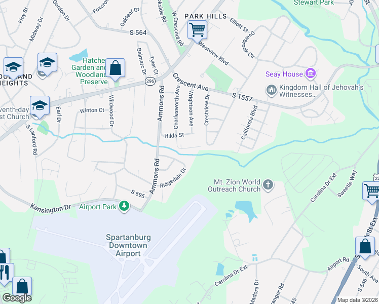 map of restaurants, bars, coffee shops, grocery stores, and more near 715 Ridgedale Drive in Spartanburg