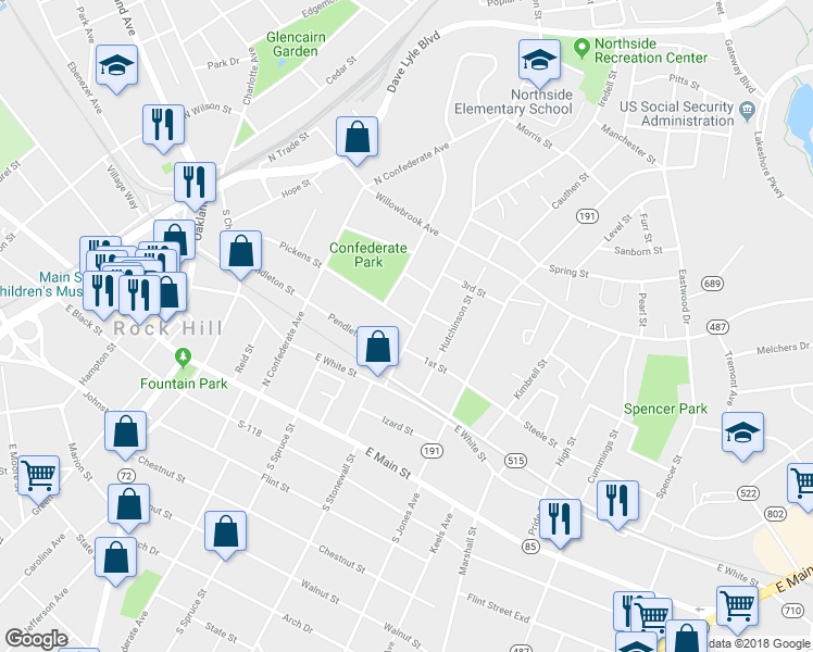 map of restaurants, bars, coffee shops, grocery stores, and more near Market St in Fort Mill