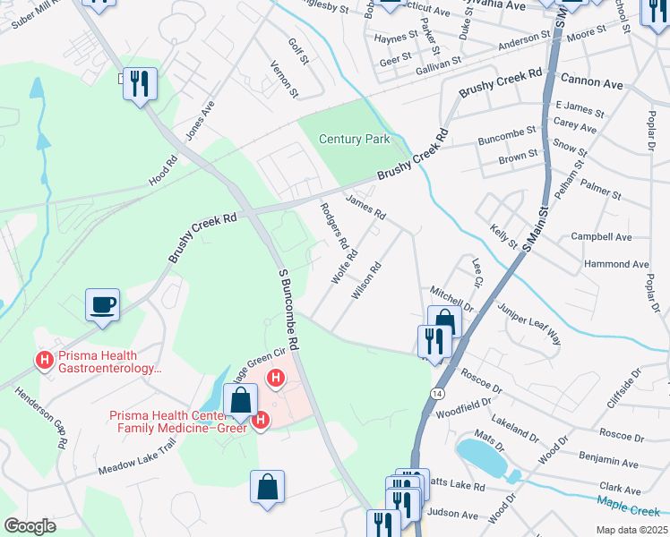 map of restaurants, bars, coffee shops, grocery stores, and more near 201 Wolfe Road in Greer